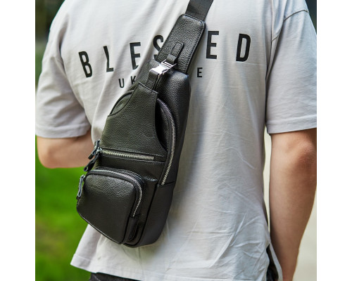 Чоловіча шкіряна сумка-слінг 17х32х7, бананка для роботи та офісу TIDING BAG - MK-96303 чорна