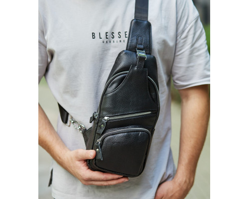Чоловіча шкіряна сумка-слінг 17х32х7, бананка для роботи та офісу TIDING BAG - MK-96303 чорна