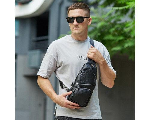 Чоловіча шкіряна сумка-слінг 17х32х7, бананка для роботи та офісу TIDING BAG - MK-96303 чорна