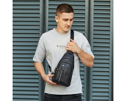 Сумка-слінг чоловіча на одне плече 18х32х7, рюкзак нагрудний з натуральної шкіри 74521 чорний