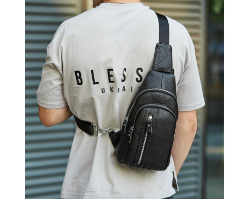 Сумка-слінг чоловіча на одне плече 18х32х7, рюкзак нагрудний з натуральної шкіри 74521 чорний