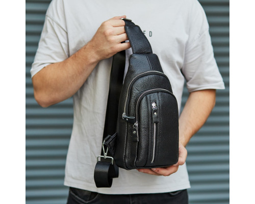 Сумка-слінг чоловіча на одне плече 18х32х7, рюкзак нагрудний з натуральної шкіри 74521 чорний