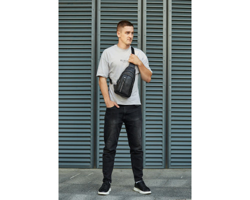 Сумка-слінг чоловіча на одне плече 18х32х7, рюкзак нагрудний з натуральної шкіри 74521 чорний